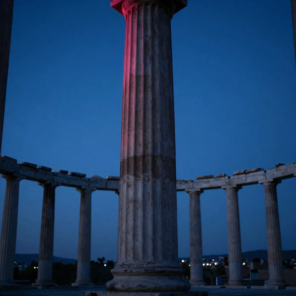 Single tall weathered stone column at dusk filling the frame from base to capital, vertical composition.