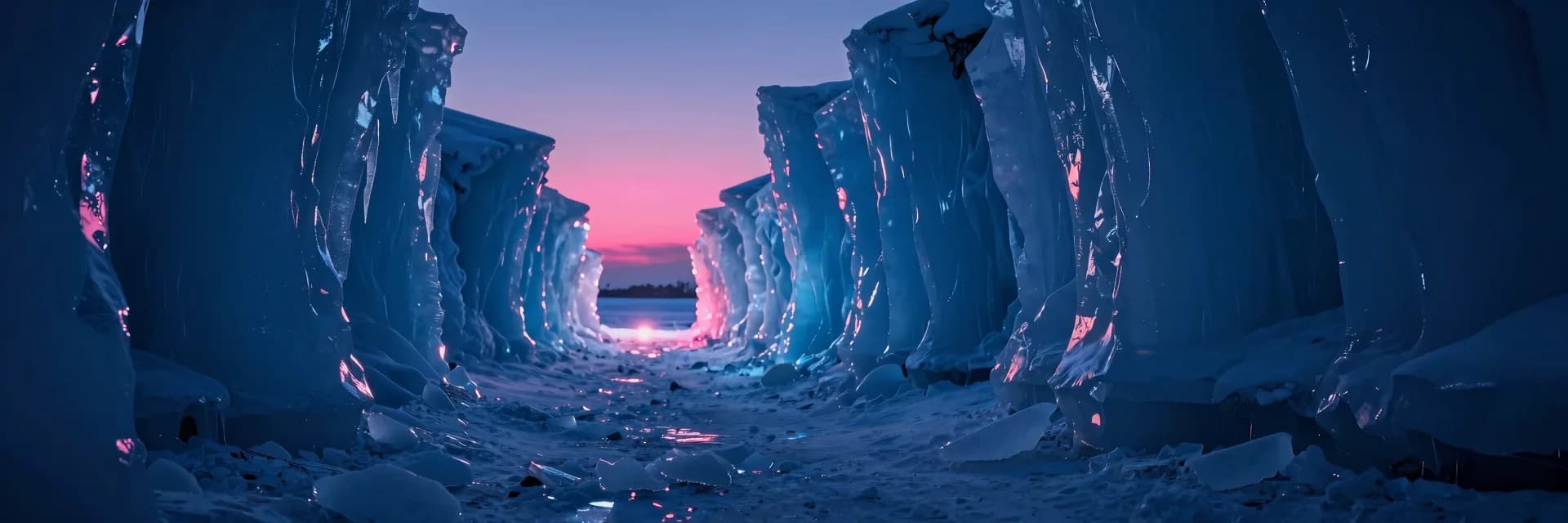 Ultra-wide looking deep into the icy cave at dusk, jagged ice formations on both sides receding to a vanishing point at the bright distant light source.