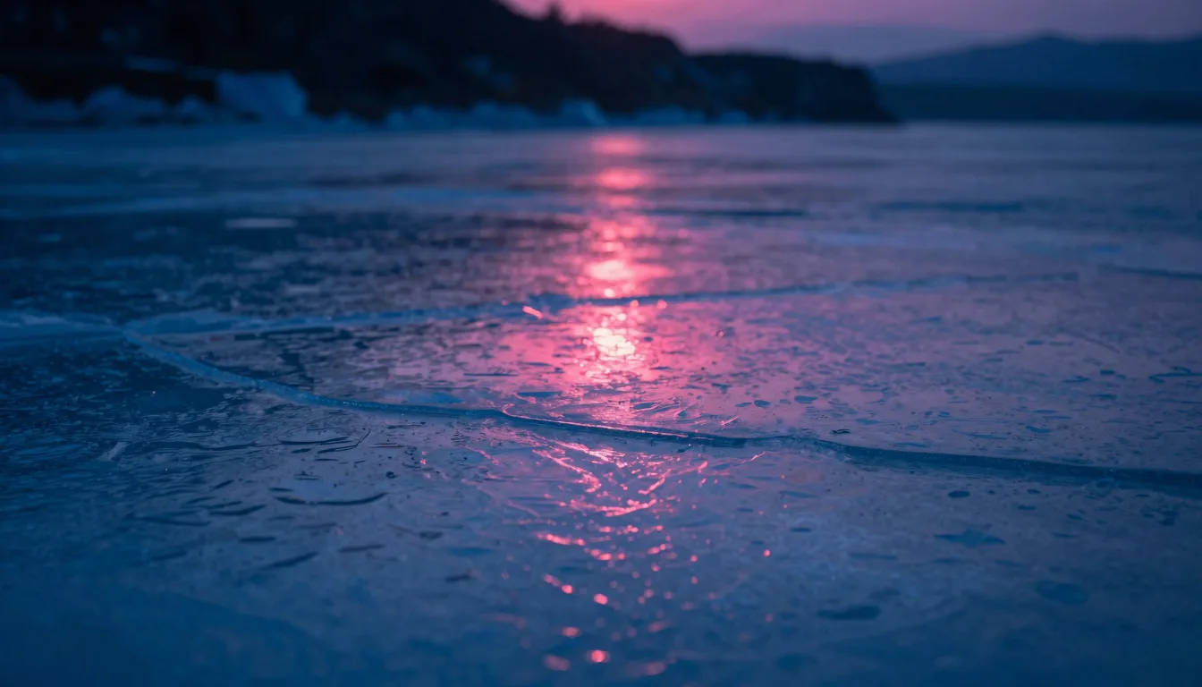 Low angle of the cave's ice floor at dusk, refractive ice surface catching the bright pinkish light source from above and reflecting it across the floor.