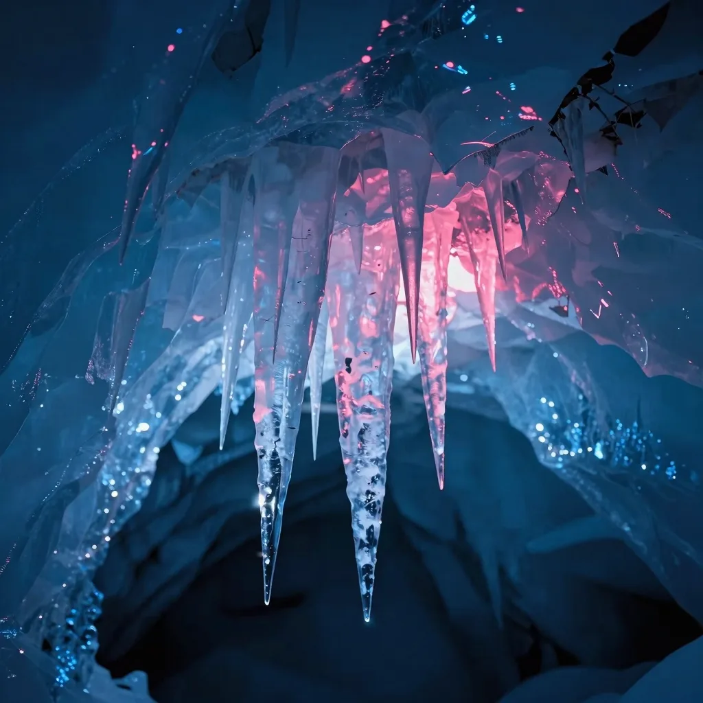 Looking straight up inside the icy cave at dusk, jagged ice formations hanging from the ceiling above, dramatic ceiling-of-ice composition.