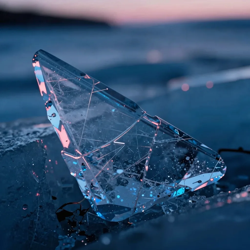 Close-up macro of a single jagged ice shard inside the cave at dusk, fine cracks and refractive surfaces visible, abstract crystalline detail.