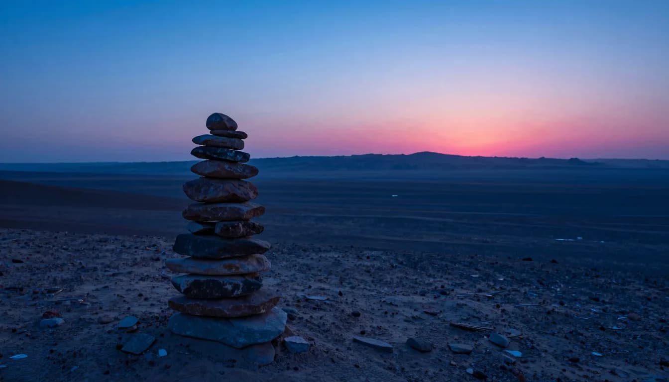 Ultra-wide distant view of a solitary translucent monolith on a dim plain at dusk, vanishing horizon, electric-blue atmospheric haze, hot-pink rim on the far edge.