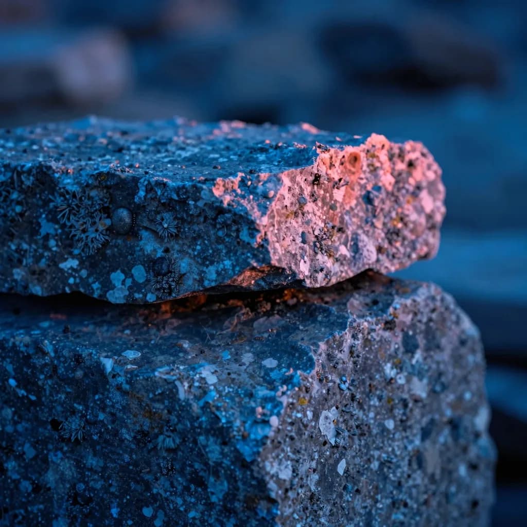 Macro close-up of crystalline dispersion on a glass slab, refractive bands of cold blue splitting into hot-pink across the chipped corner, fine surface detail.