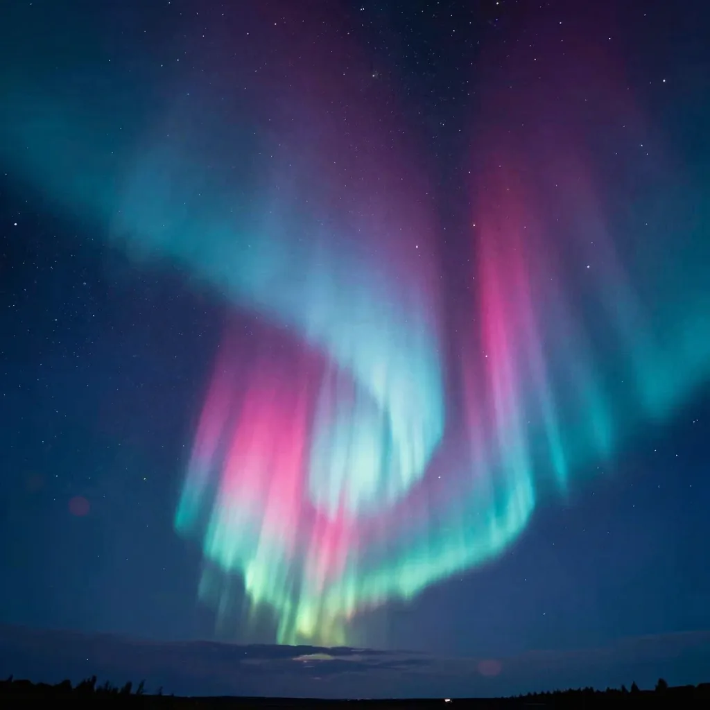 Aurora borealis dominating a night sky with a dense star field below, no landscape visible