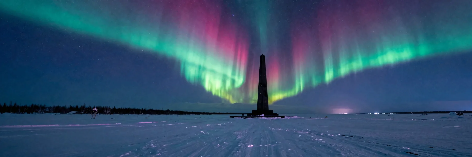 Ultra-wide landscape with a small black monument set against a vast snowy plain and aurora sky