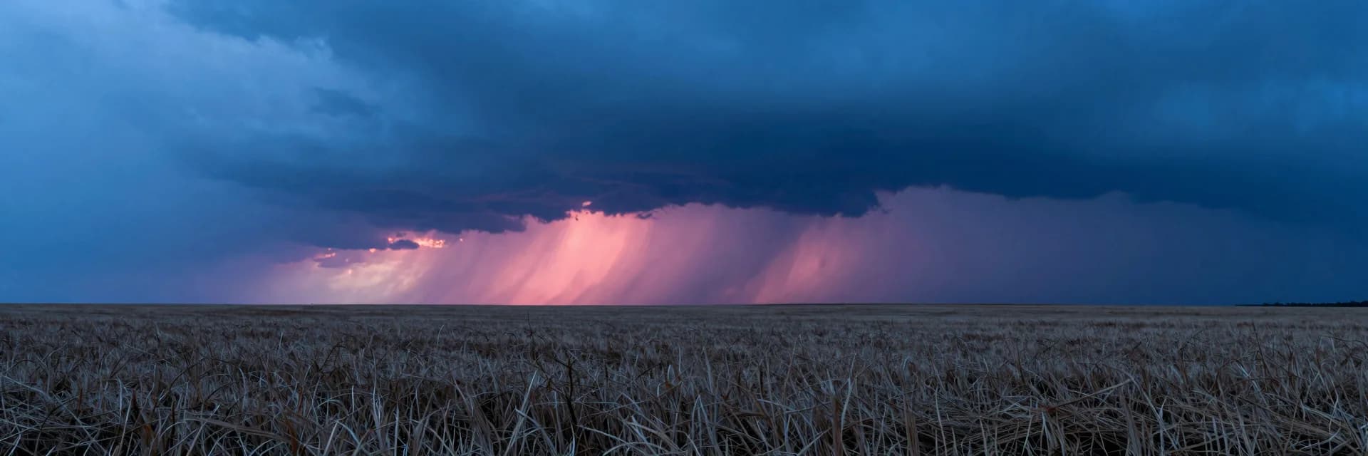 Wide atmospheric landscape at dusk, deep electric blue sky over a quiet plain with a low pink horizon glow softening the foreground.