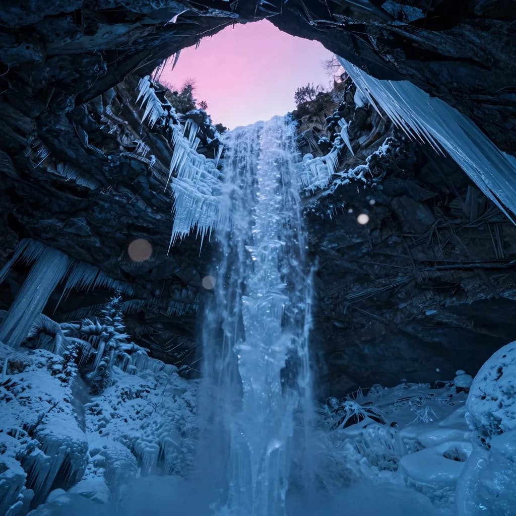 Looking up at a cave ceiling with icicles hanging down in cold blue and pink light.