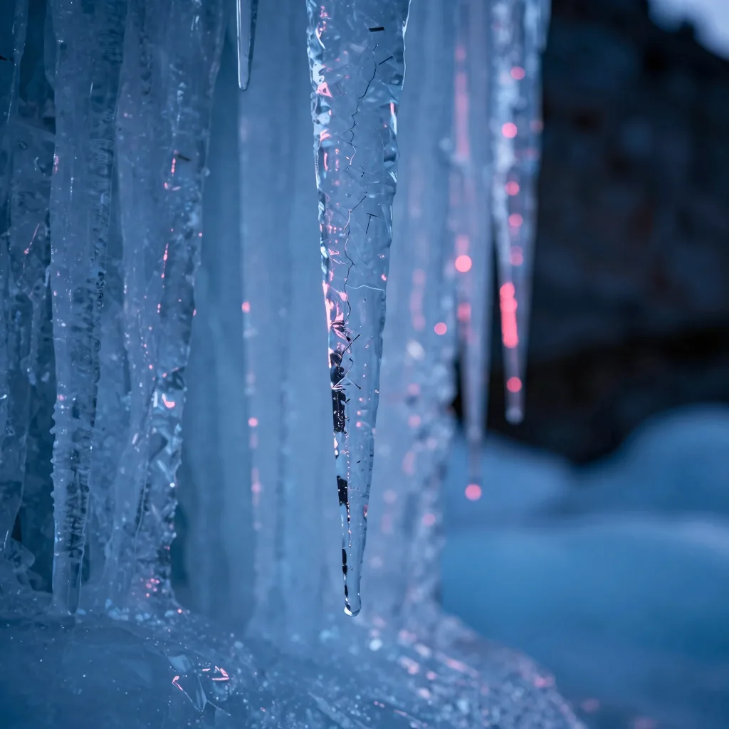 Close-up macro of a single icicle with light refracting through clear ice.