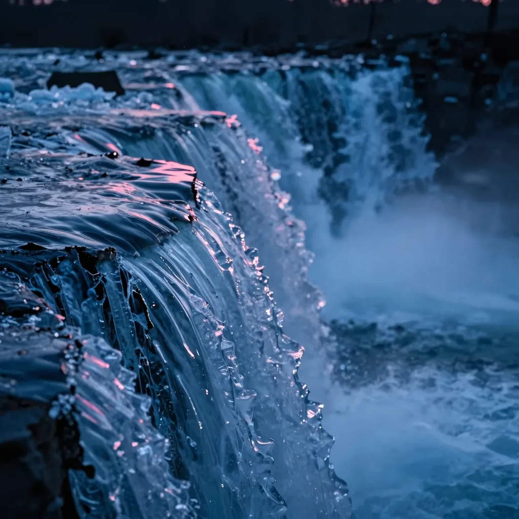 Close-up of frozen ice steps cascading down within a frozen waterfall.