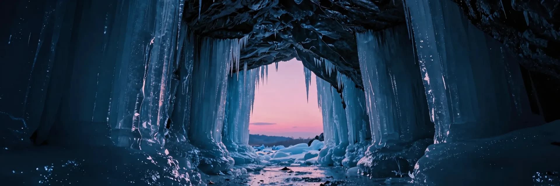 Ultra-wide frozen waterfall with ice formations receding to a vanishing point in the dim depth of a cave.
