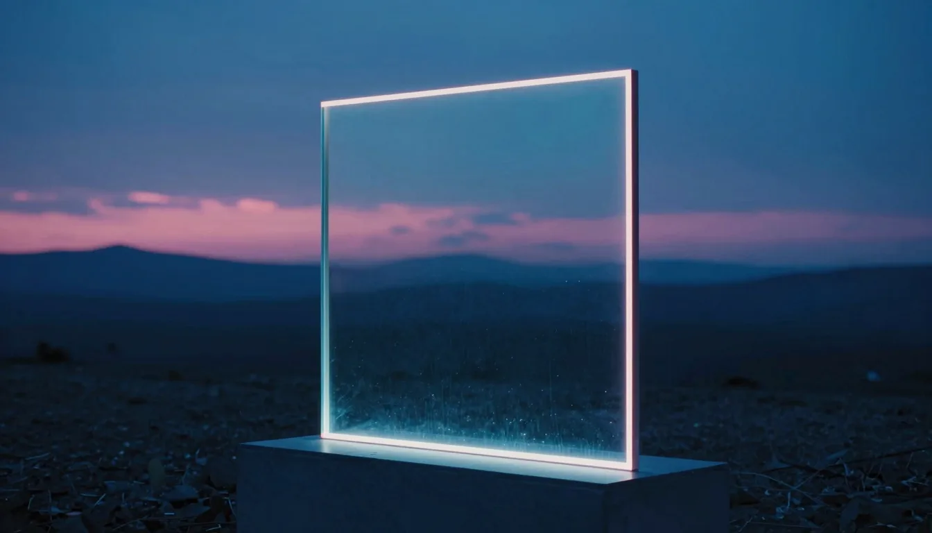 An upright pane of iridescent glass under a pale sky, a glowing thin horizontal ribbon of light inset across it.