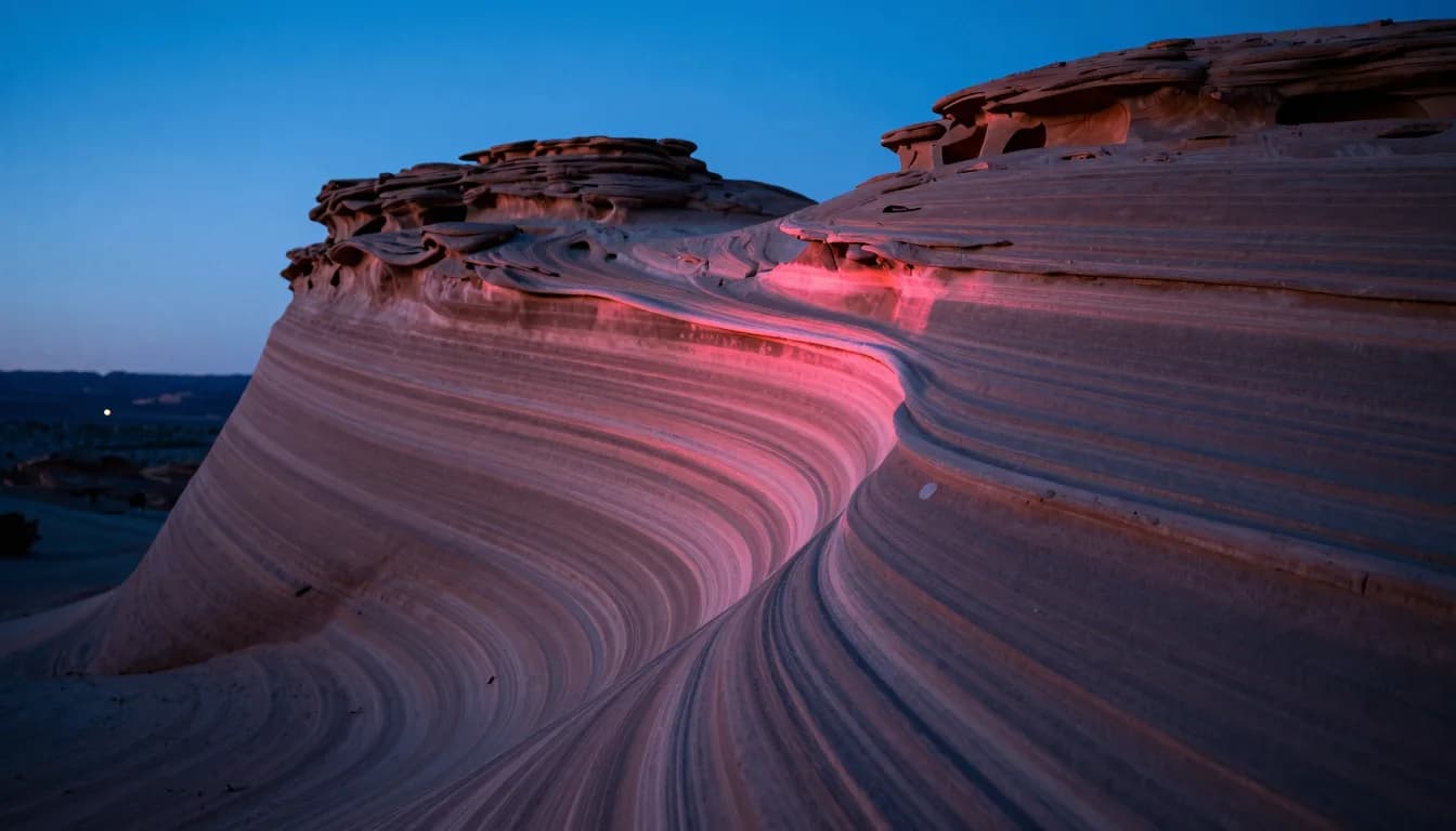 Three-quarter angled view of the single sandstone formation showing both depth and the striated face at sunset, dynamic perspective revealing dimensional shape.