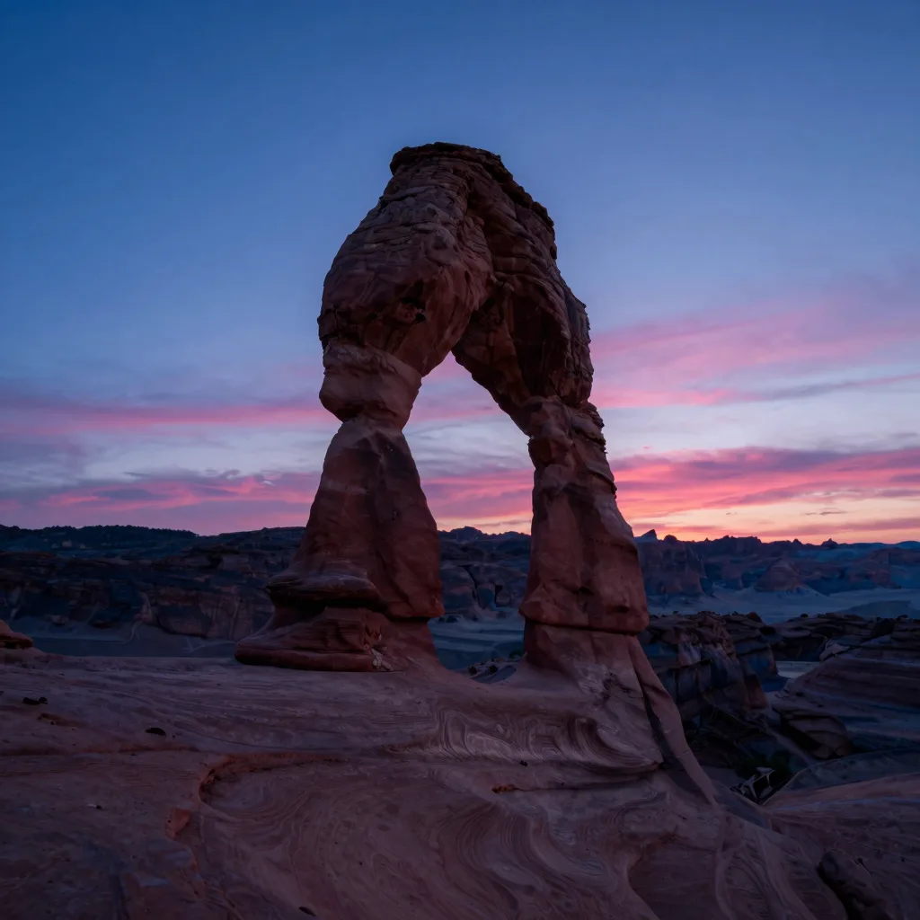 Single sandstone formation rising tall in the frame at sunset, captured from a low-angle worm's-eye view, the wavy striations curving upward toward the sky, dramatic vertical presence.