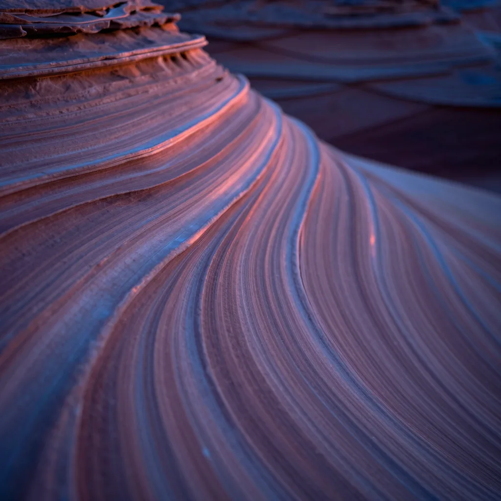 Extreme close-up macro of sandstone wavy striations at sunset, alternating light and dark pinkish-red bands flowing across the frame, abstract geological detail.