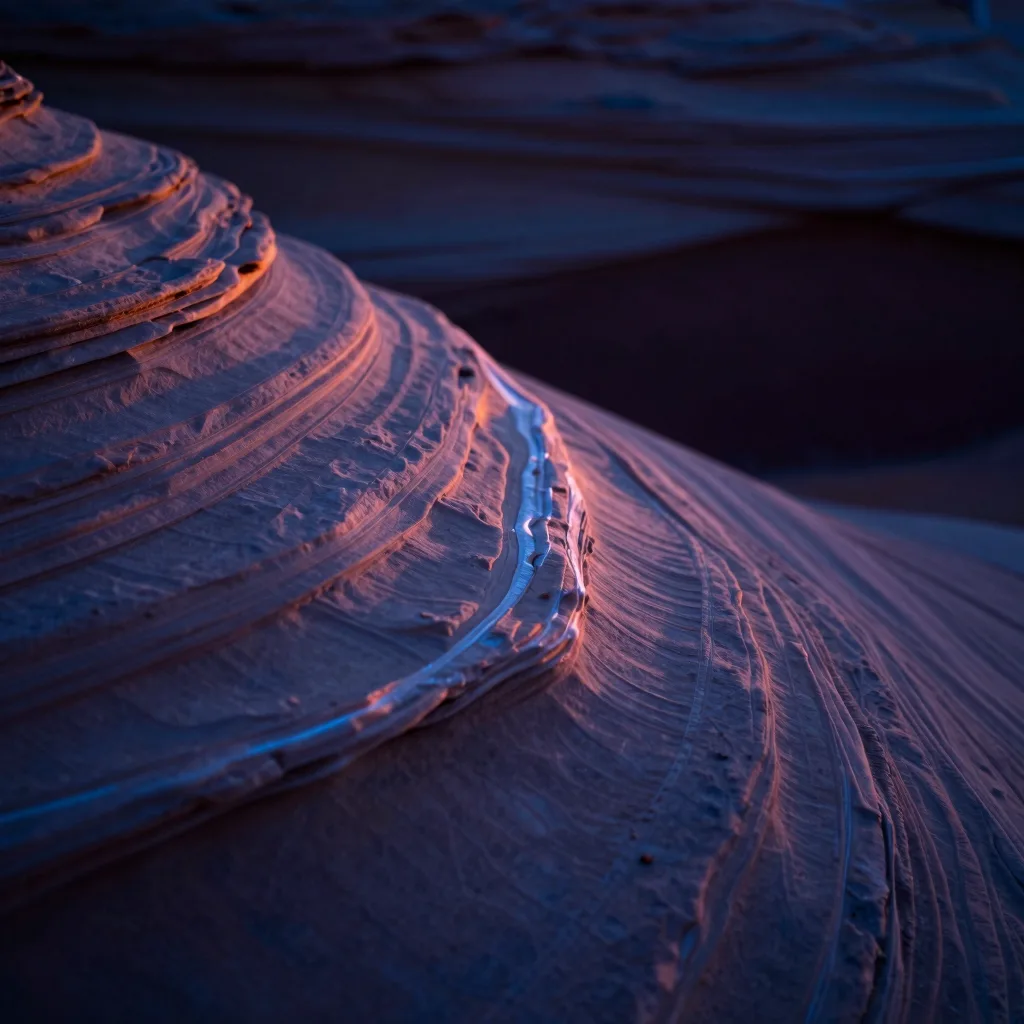 Single transition edge where one band of the sandstone striation meets the next at sunset, abstract geological boundary catching warm rim light.