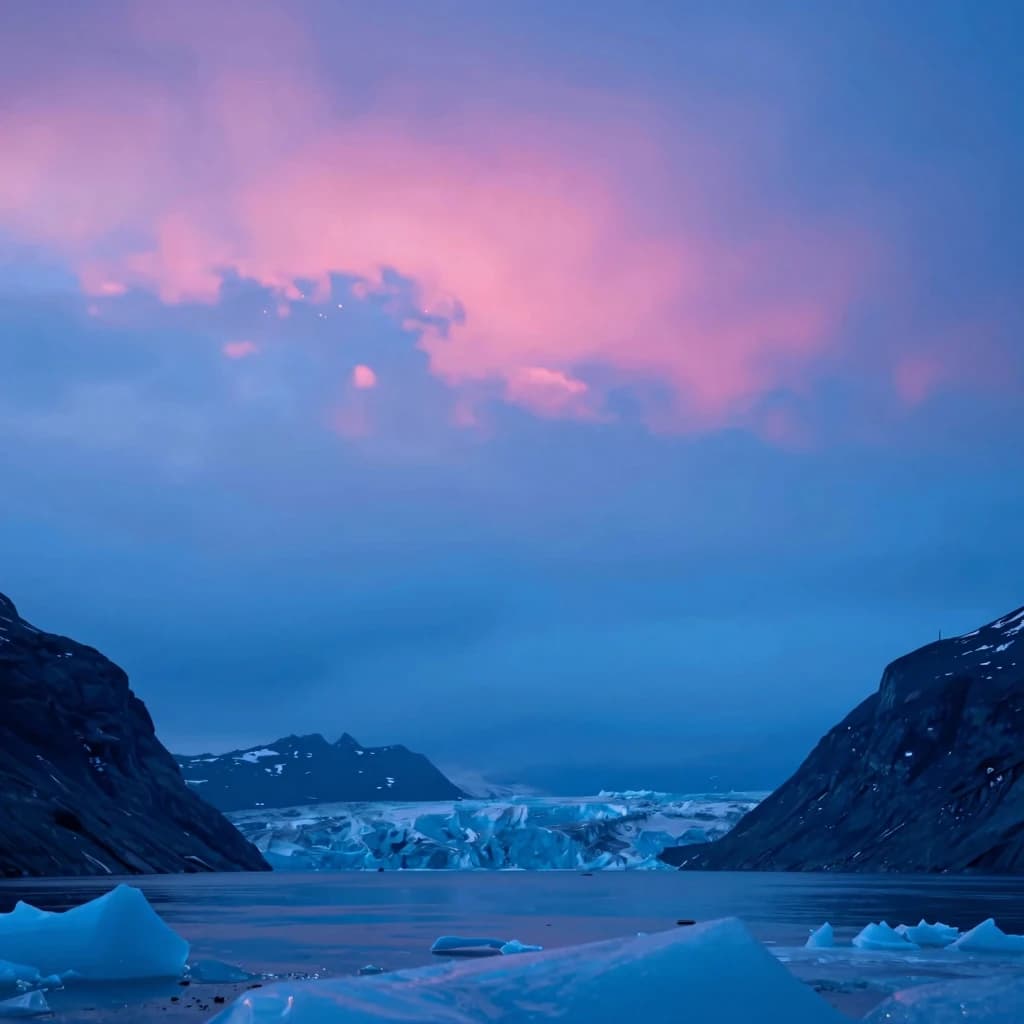 Pure alpenglow light over a glacial fjord at twilight, the cliff face suggested only as a soft line in the lower frame, electric-blue twilight sky with hot-pink alpenglow blooming across the upper sky.