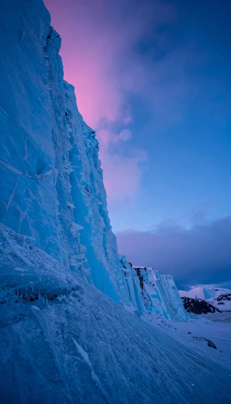 From the base of an ice cliff looking up at an angle, cliff filling the lower-left two thirds, twilight sky pouring in from the upper-right, alpenglow saturating the upper cliff edge.