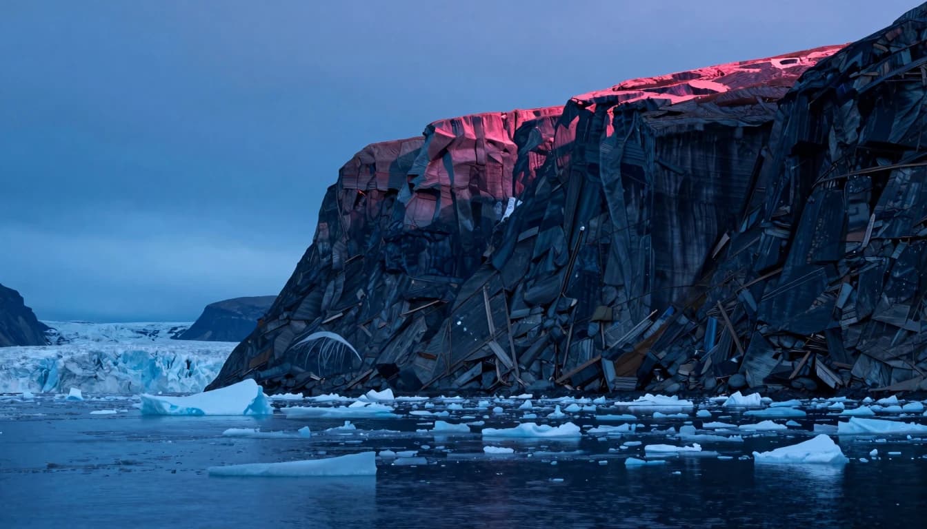 An ice cliff face rising from a glacial fjord at twilight, cliff filling the right two thirds, floating ice fragments on the fjord water in the foreground, alpenglow on the upper cliff edge.