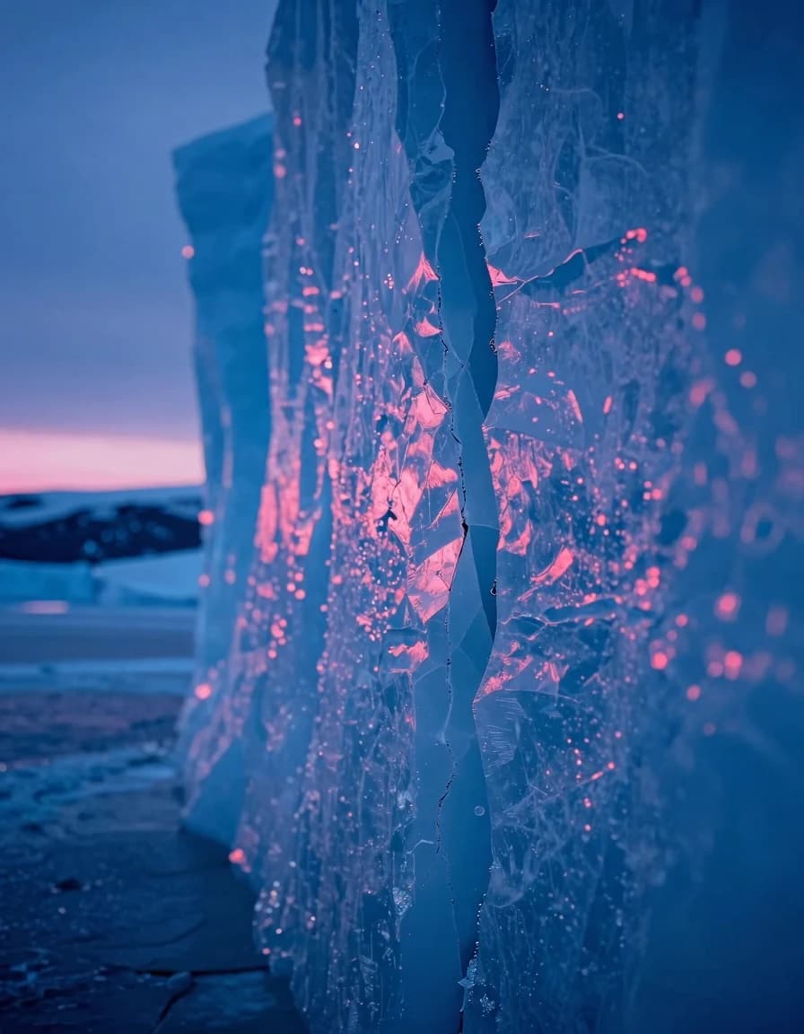 A vertical slice of ice cliff face with a deep fracture seam running from base to upper frame, electric-blue twilight light deep inside the seam, alpenglow burning along the seam edge.