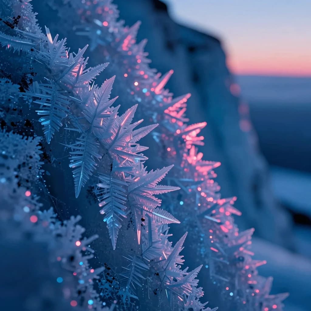 Macro of ice crystal patterns on a glacial cliff surface at twilight, frost fern patterns radiating diagonally, individual crystals with sharp fracture facets, alpenglow catching the upper crystal tips.