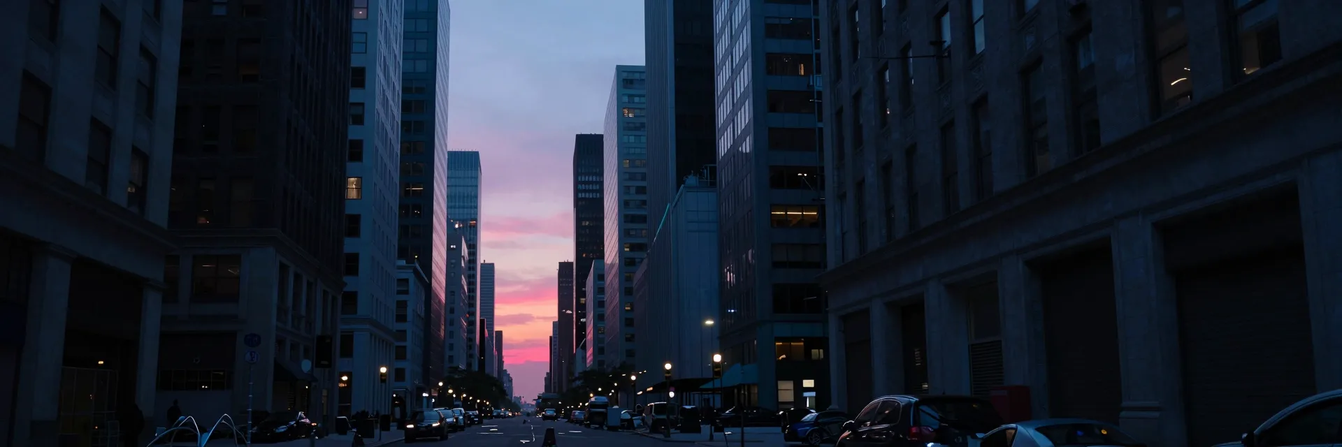 Ultra-wide urban canyon between two ruined towers receding to a vanishing point.