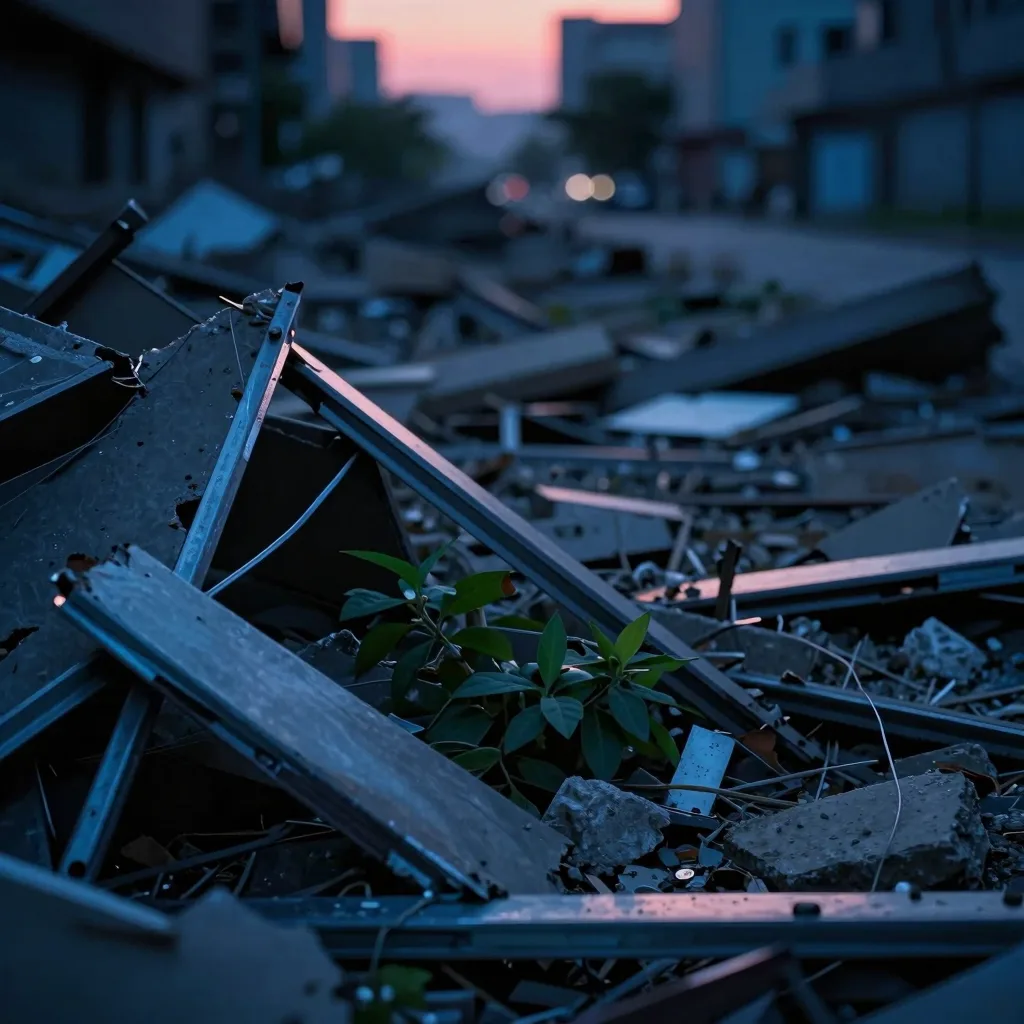 Close-up of urban debris in the foreground with ruined architecture beyond.