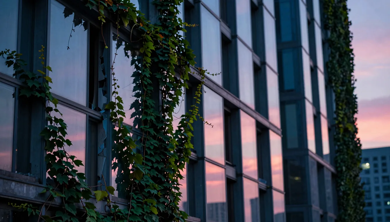 Landscape view of dense greenery overtaking concrete and steel in the ruined city.
