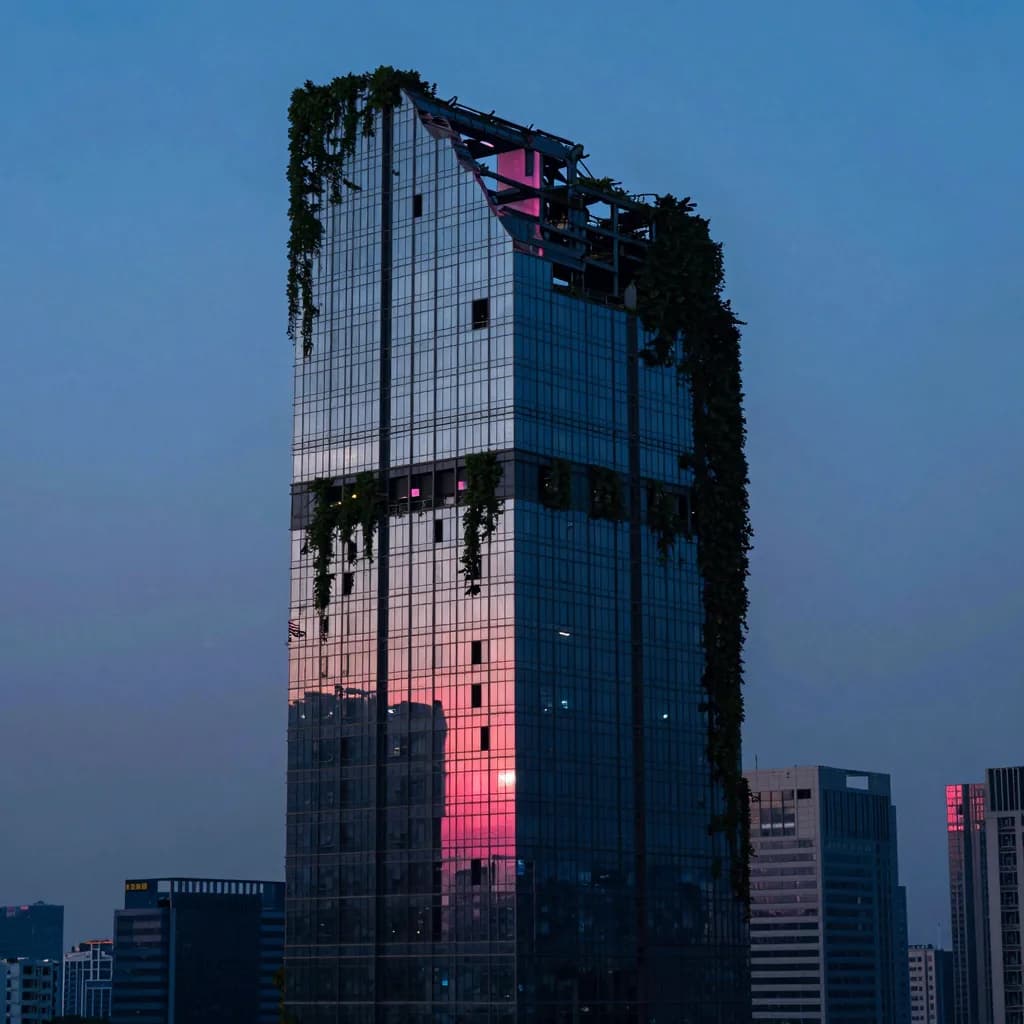 Vertical-emphasis view of a single overgrown skyscraper rising into the clouds.