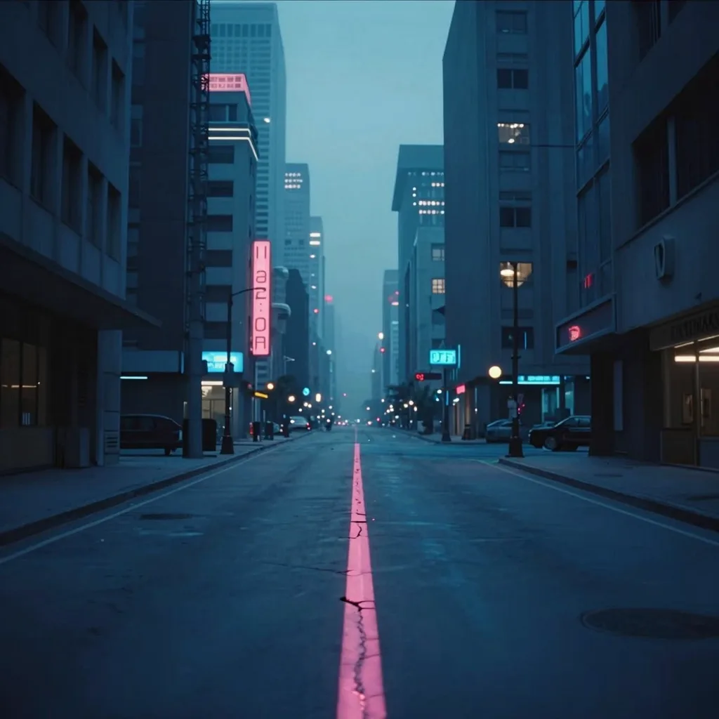 A long deserted avenue receding between rows of brutalist towers, lit signage and windows stepping back at multiple depths toward a hazy skyline.