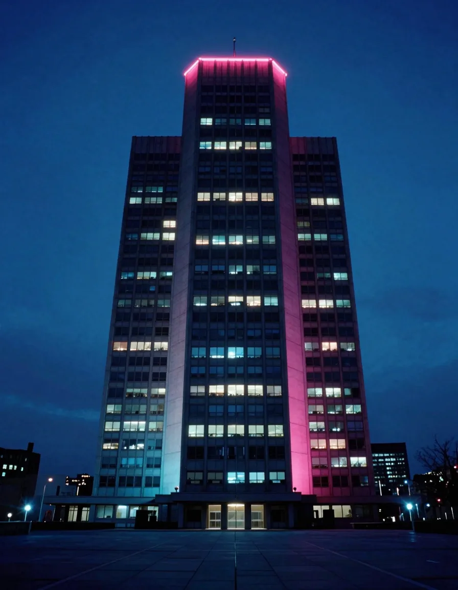 A single brutalist tower climbing the full vertical frame, three more tower silhouettes layered behind it, lit windows ascending at multiple depths.