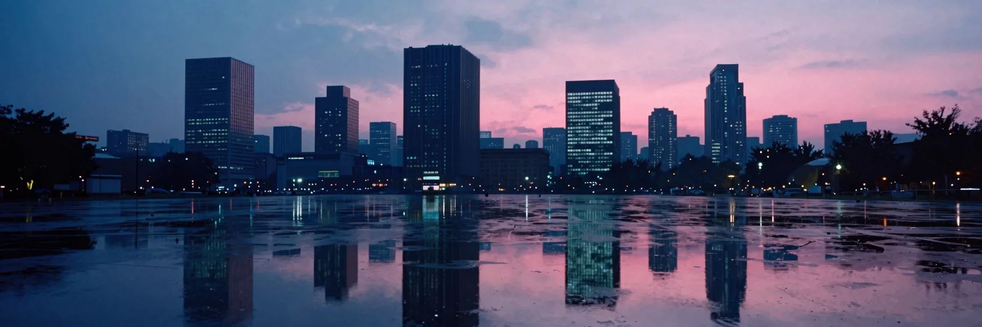 The lit city skyline of multiple towers mirrored in a wide rain-flooded empty plaza, signage and windows inverted in still water at multiple depths.