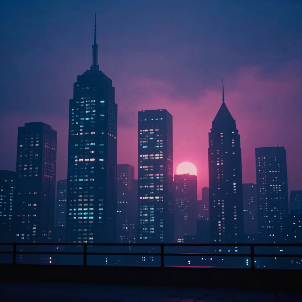 Layered city tower silhouettes backlit by a magenta neon haze, lit windows scattered at multiple depths, skyline notch between the masses.