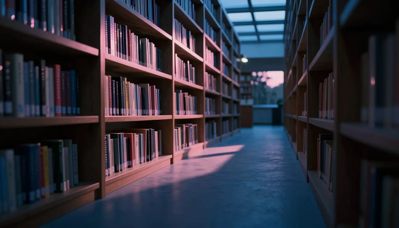 Shadowed library aisle running between two tall bookshelves with light filtering down from above.