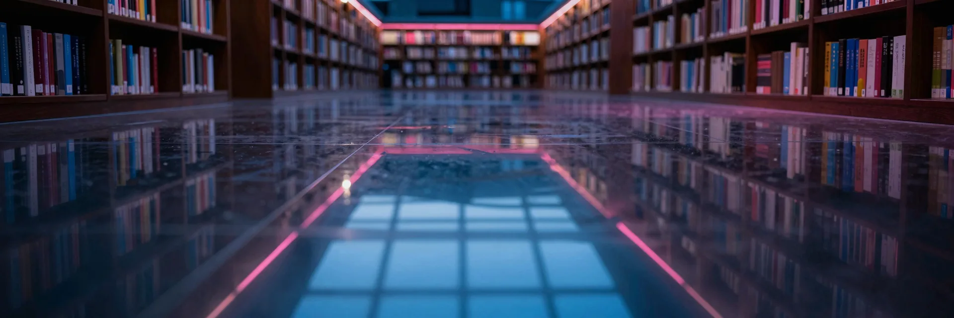 Ultra-wide polished library floor reflecting the skylight and surrounding shelves above in mirror-like sheen.
