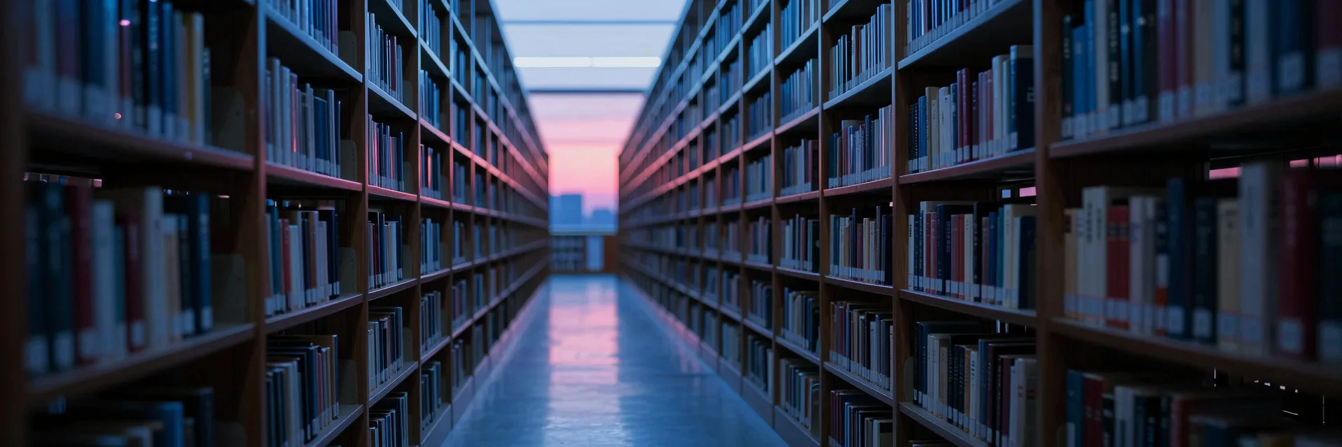 Ultra-wide library aisle receding to a distant vanishing point, shelves forming strong leading lines.