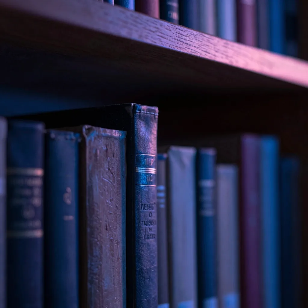 Macro close-up of weathered library shelf with a row of leather book spines lined in tight order.