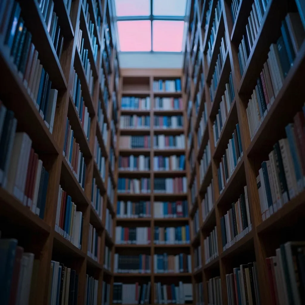 Vertical-emphasis shot of a single towering bookshelf rising from the floor toward the ceiling.