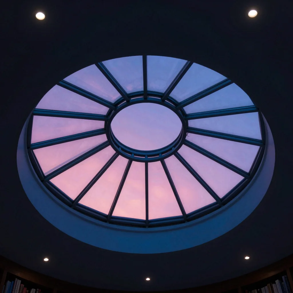 Looking straight up at a circular skylight in a domed library ceiling, sky visible through the architecture.