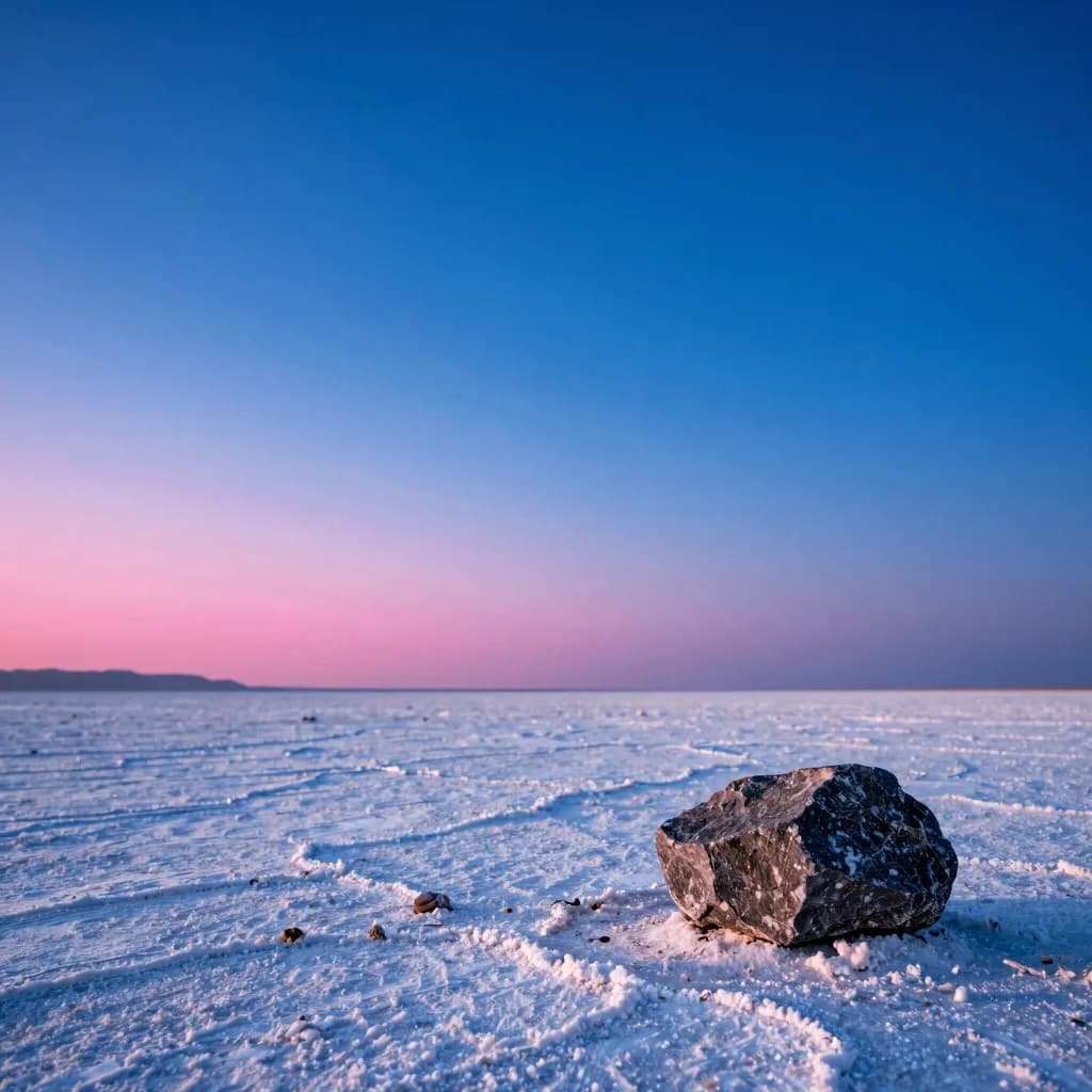 atmospheric wide of dark erratic boulder on a white salt flat under electric-blue sky - companion image for the bundling apps vs native Shopify bundles guide