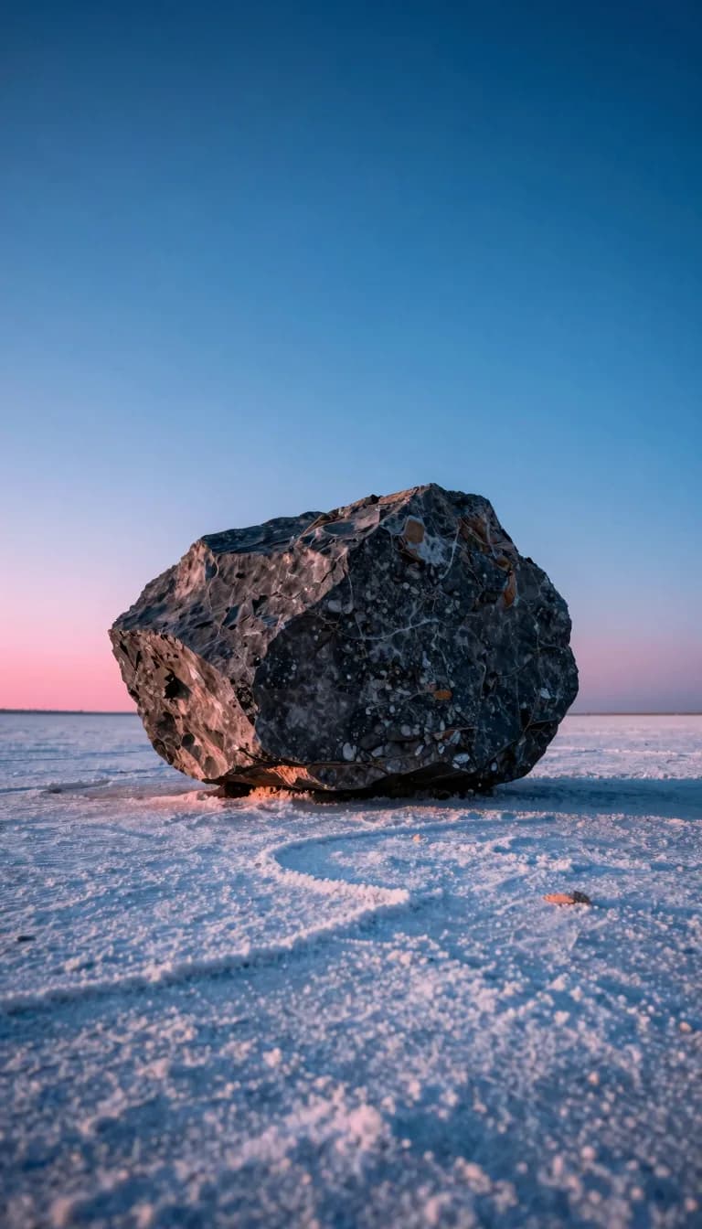 tall vertical of dark erratic boulder on a white salt flat under electric-blue sky - companion image for the bundling apps vs native Shopify bundles guide