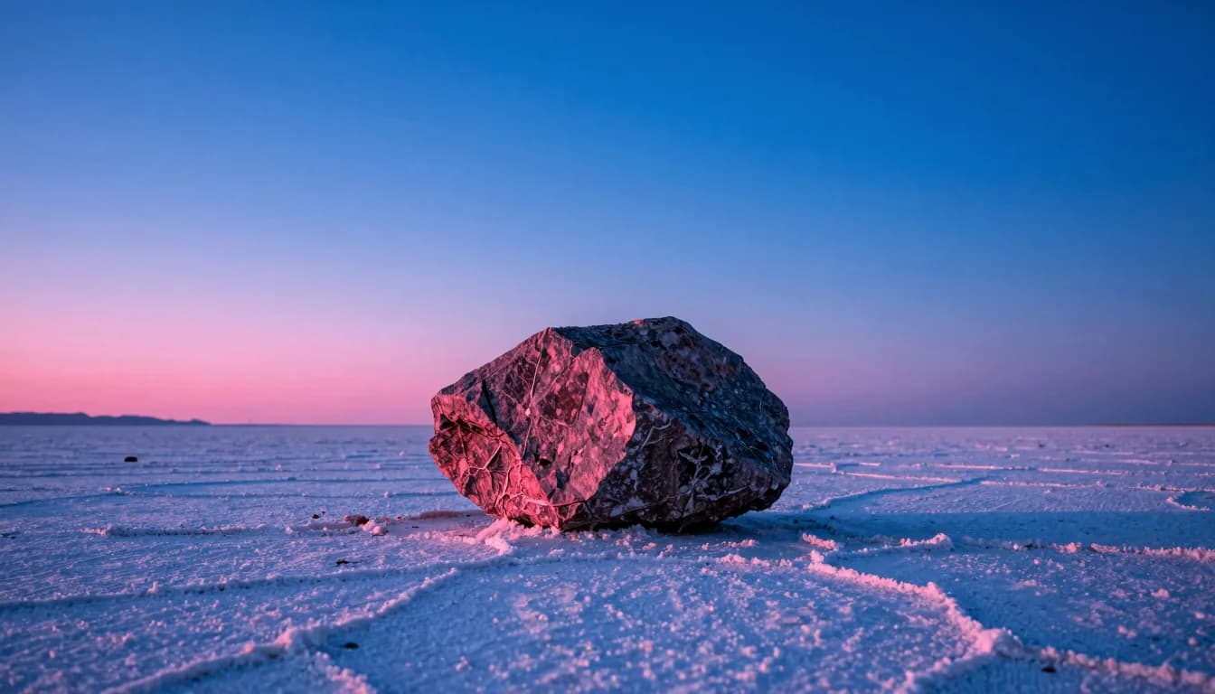 cinematic trail-aspect of dark erratic boulder on a white salt flat under electric-blue sky - companion image for the bundling apps vs native Shopify bundles guide