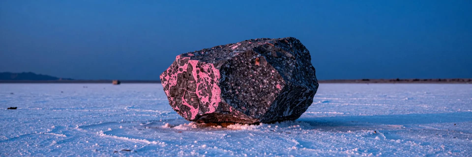 ultra-wide strip of dark erratic boulder on a white salt flat under electric-blue sky - hero image for the bundling apps vs native Shopify bundles guide