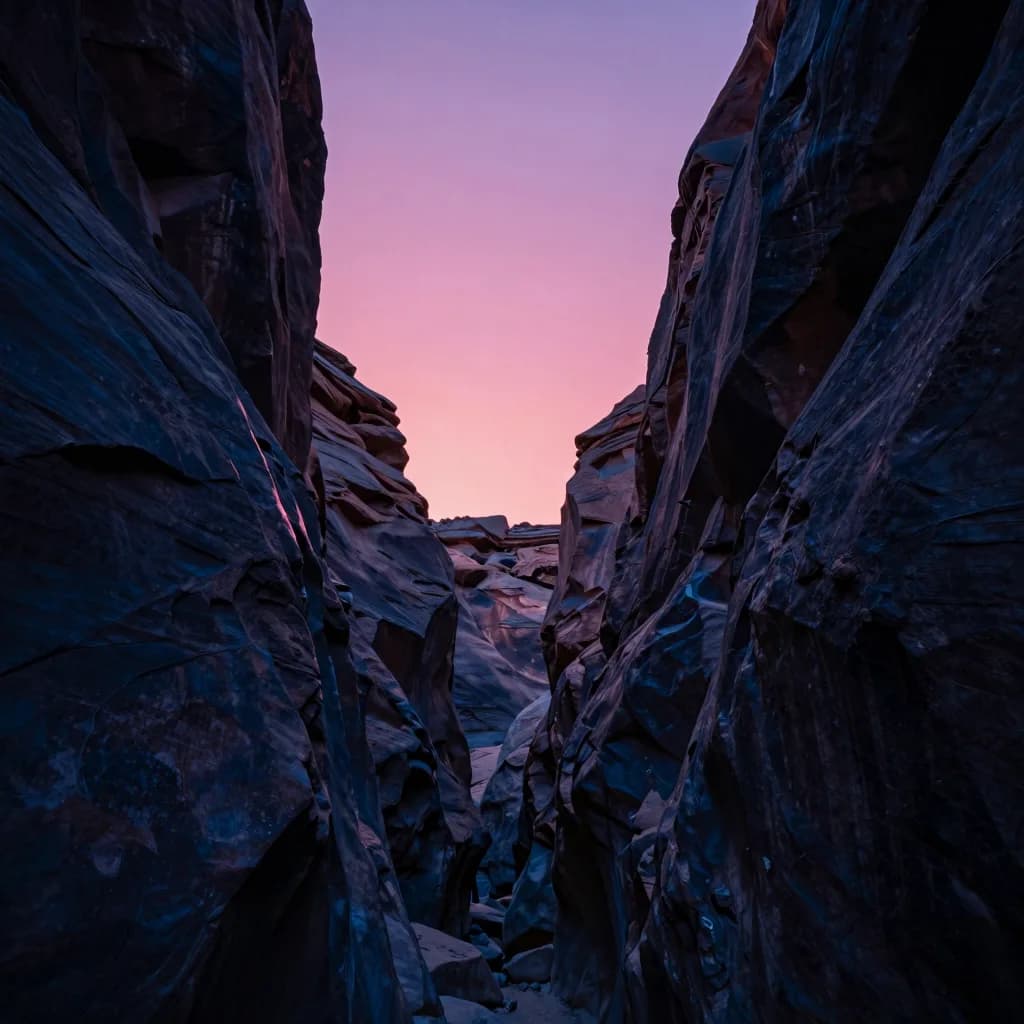 Looking straight up the canyon walls toward the dusk sky