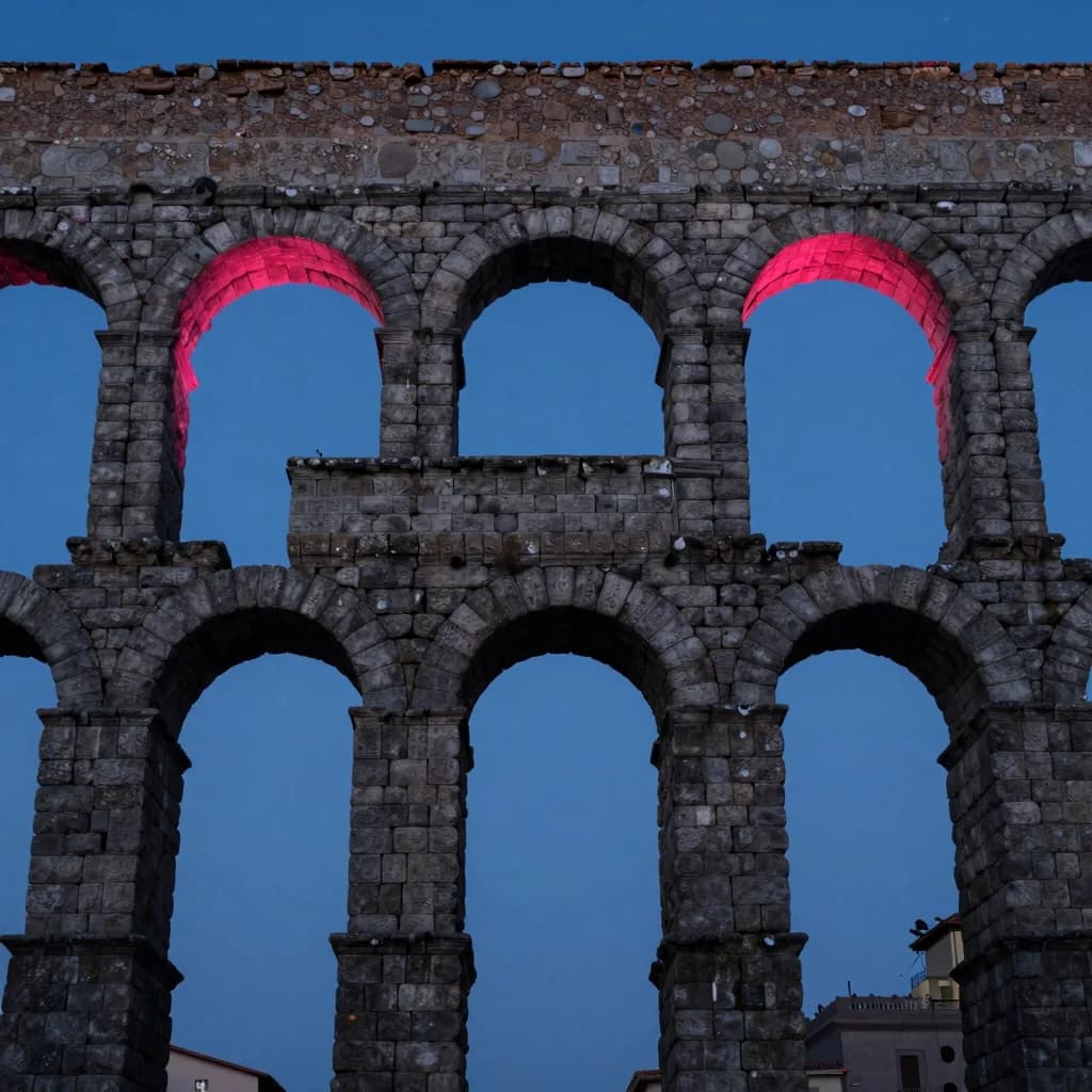 Looking straight up through a single weathered stone arch of the multi-tier aqueduct at dawn, the arch curve framing the misty purple-pink dawn sky.