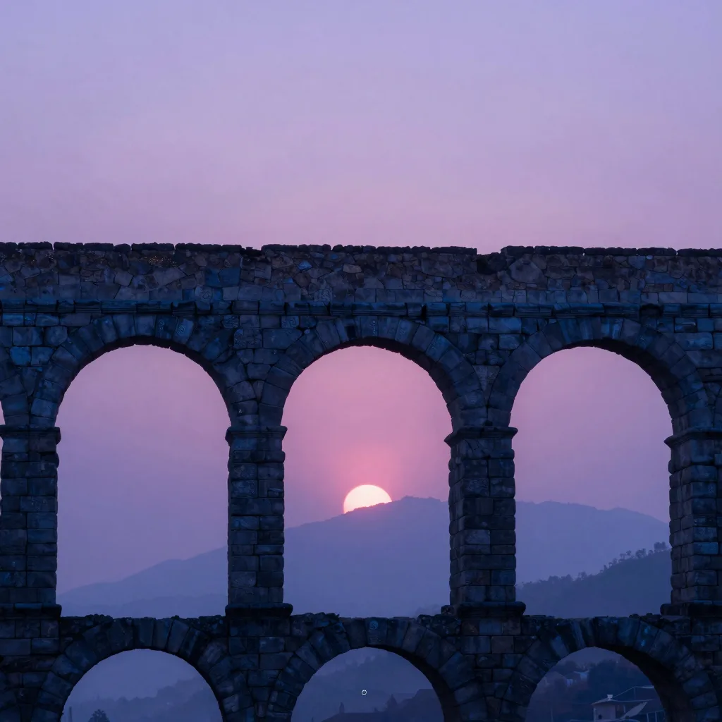 Single weathered stone aqueduct arch silhouetted against a misty purple-pink dawn sky, the arch dominant in the lower two-thirds of the frame, dramatic backlit composition with cold rim light catching the keystones.