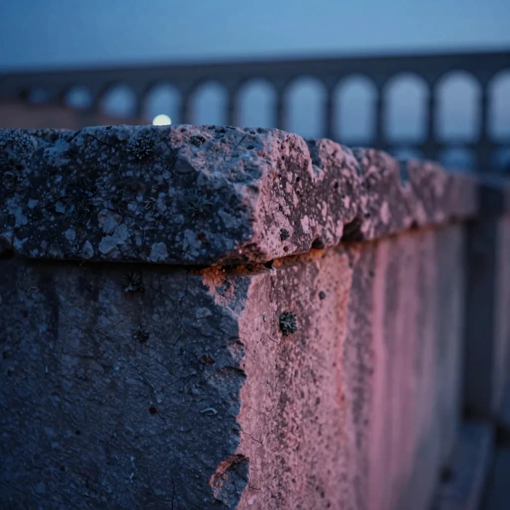 Tight close-up macro of weathered limestone aqueduct stone surface showing chisel marks, hairline cracks, and small lichen colonies.