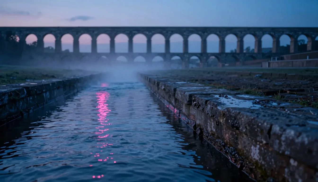 Water flowing through a weathered stone channel atop a Roman-style aqueduct at dawn, mist rising off the cool water surface, hot-pink dawn glow on the rising droplets.