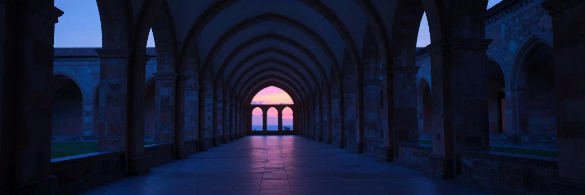 Ultra-wide looking down the symmetrical cloister at sunset, the parallel rows of arches receding to a vanishing point at the distant arched windows.