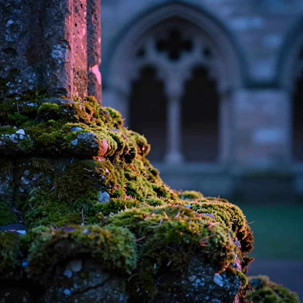 Close-up of moss growing at the base of a single cloister arch at sunset, the boundary where ancient stone meets living moss visible.