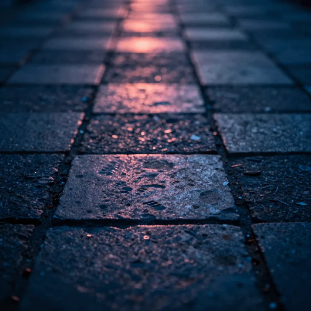 Close-up macro of the rectangular cloister tile floor at sunset, weathered stone tiles with grout lines and ancient erosion.